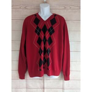 PGA Tour Men's L Argyle Long Sleeve V-Neck Sweater Red/Navy